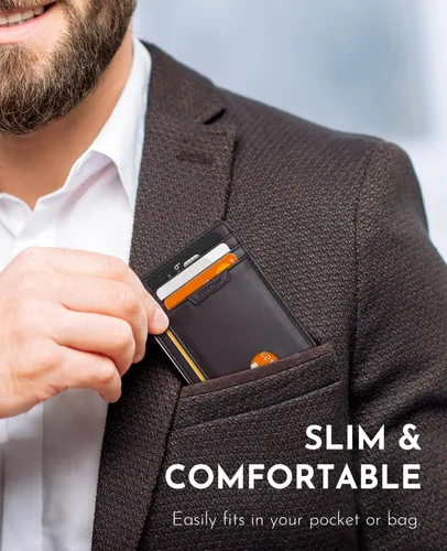 Miniatura 34 de Buffway Cartera delgada para hombres y mujeres, minimalista, pequeña, de cuero, con bolsillo frontal, con bloqueo RFID y caja de regalo, Bassa Mars
