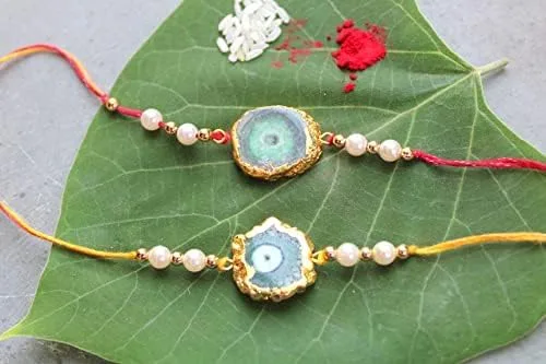 Miniatura 7 de HiJet Rakhi-Hijet - Paquete de 2 pulseras de hilo para hermano/Bhai On Rakshabandhan para protecciones y bendiciones, tamaño libre, Gema, Ágata