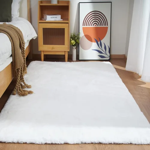 Miniatura 33 de Ghouse Alfombra ultrasuave de pelo sintético de conejo, alfombras lavables a máquina para dormitorio, alfombras esponjosas para sala de estar, Blanco