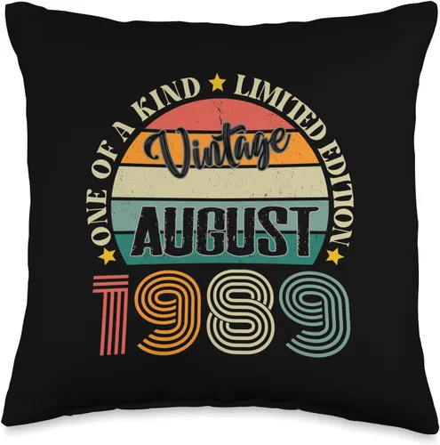 Vintage Birthday Retro Limited Edition Retro Gifts 35 años Vintage August 1989 35th Birthday Retro Throw Pillow, 16 x 16, multicolor