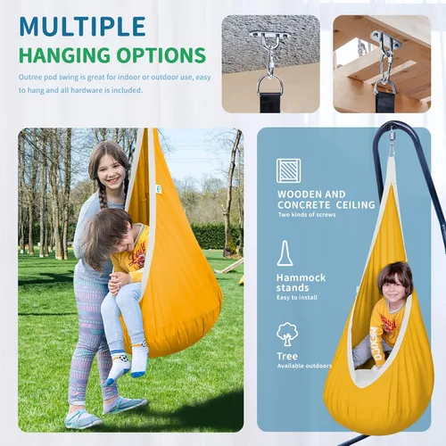 Miniatura 2 de OUTREE Asiento de columpio para niños, hamaca de algodón para niños, columpio sensorial para uso en interiores y exteriores, amarillo y blanco