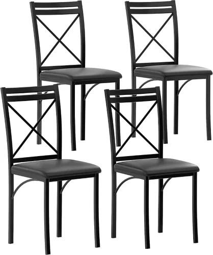 VECELO Juego de 4 sillas de comedor de metal, patas de acero y asientos acolchados de piel sintética para cocina, sala de estar, color negro