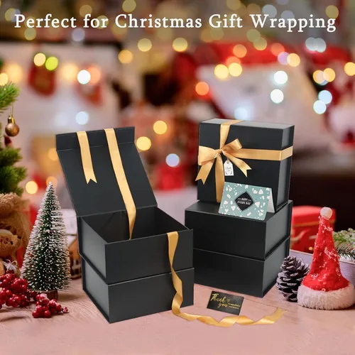 Miniatura 3 de Cajas de regalo negras con tapas, paquete de 3, caja de regalo mediana de 11 x 8 x 4 pulgadas con cinta, cajas de regalo plegables con cierre