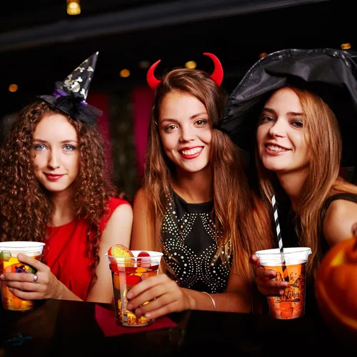 Miniatura 6 de Bokon Juego de 100 tazas de Halloween de 12 onzas con temática de bruja, vasos desechables con tapas y pajitas de papel, suministros de fiesta