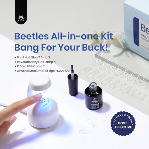 Miniatura 2 de Beetles - Kit de uñas de gel transparente, almendra, mediano, 500 piezas, 10 tamaños, con mini lámpara de uñas de pegamento 9 en 1, uñas de otoño