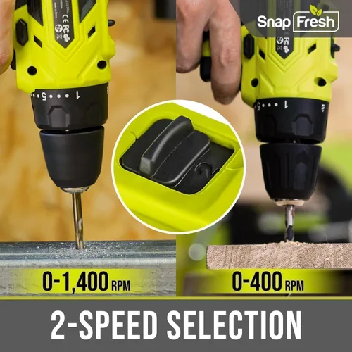 Miniatura 6 de SnapFresh Juego de taladro inalámbrico de 20 V, taladro eléctrico de 3/8 pulgadas con 2 velocidades variables, ajuste de par 21+1, LED, 43 brocas