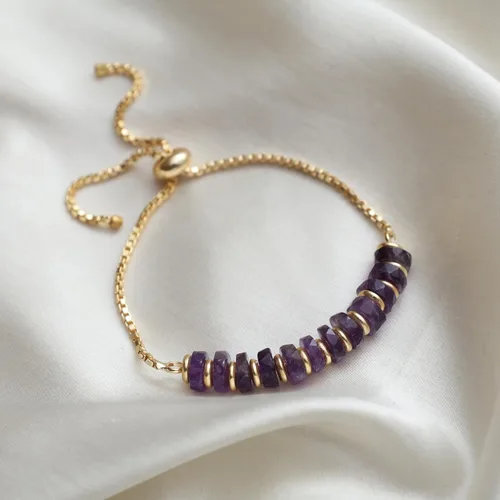 Miniatura 45 de Natural Heishi Beads With Spacers Slider Bracelet Gemstone Healing Jewelry With 14k Yellow Gold Plated 8- Inch Adjustable Length