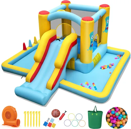 Miniatura 10 de BOUNTECH Casa inflable con hoyo de bolas, casa inflable con tobogán largo y túnel para niños de 3 años en adelante, diversión de fiesta en el patio