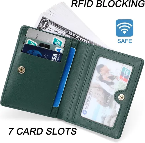Miniatura 3 de Cartera pequeña para mujer, con bloqueo RFID, billetera de bolsillo bifold, delgada, compacta, monedero para damas, minicarteras para mujer, Verde