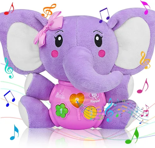 Aitbay elefante musical de peluche, juguete para bebés de 0, 3, 6, 9 y 12 meses, juguete con luces para niños y niñas de 1 año, regalo para bebés de