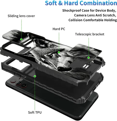 Miniatura 1041 de Funda para Samsung Galaxy S22 Ultra 5G, Galaxy S22 Ultra con cubierta de cámara deslizante, funda resistente de doble capa con función atril Black
