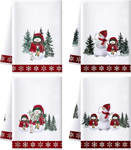 Miniatura 8 de Preboun Juego de 4 Toallas de Cocina Navideñas de 17x26'' a Cuadros Buffalo Absorbentes, Toalla de Platos Navideña con Diseños de Árbol de Navidad