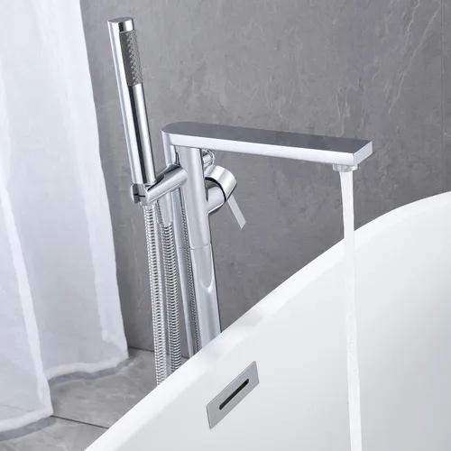 Miniatura 4 de Wowkk Grifo de bañera independiente Llenador de bañera Cromo Montaje en el suelo Latón de una sola manija Grifos de baño con ducha de mano Cromado
