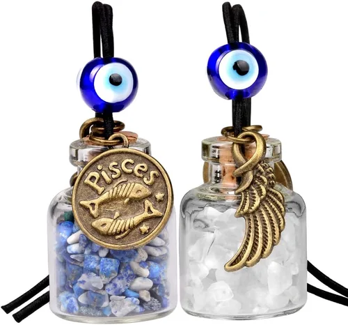 Miniatura 18 de Zodiac Birthstone Car Charms for Rearview Mirror Hanging - Two Gemstone Good Luck Bottles with Evil Eye Protection Bead and Guardian Angel Wing