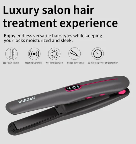 Miniatura 7 de Cepillo alisador de pelo inalámbrico, mini plancha plana recargable con control digital de temperatura (320-410°F), placas de titanio no dañadoras