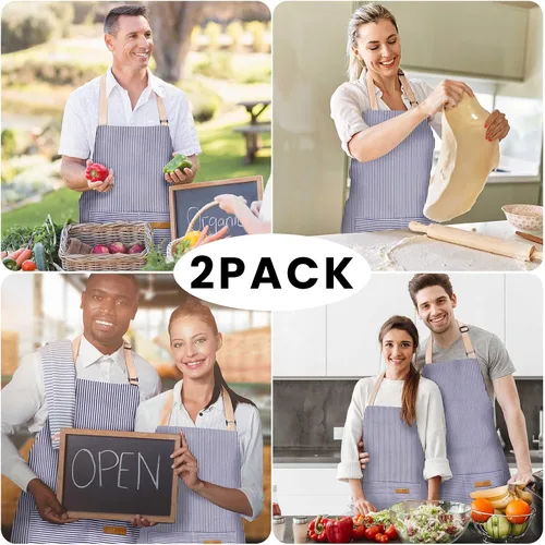 Miniatura 7 de BeLuyi - Paquete de 2 delantales ajustables con peto, delantales de chef para cocina, restaurante, con 2 bolsillos, delantales para mujeres