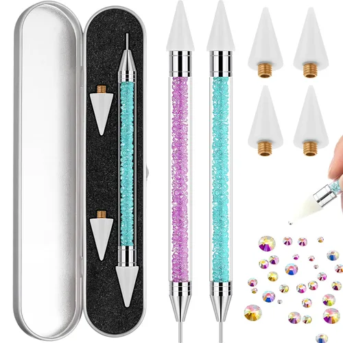 Miniatura 7 de 2 piezas de lápiz de cera con punta de diamante de imitación y pluma de punteado, selector de gemas de diamante de imitación de doble punta, lápiz