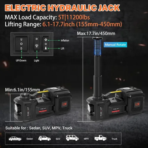 Miniatura 5 de E-HEELP Kit de gato eléctrico para coche hidráulico de 5 toneladas y 12 V (rango de elevación: 6.1 ~ 17.7 pulgadas) con llave de impacto eléctrica