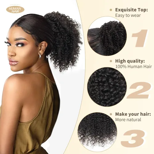 Miniatura 4 de Cola de caballo de cabello humano con cordón para mujeres negras, extensión de cabello humano rizado 4C, 8 pulgadas, aspecto natural, añade volumen