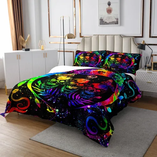 Miniatura 3 de Erosebridal Juego de colcha de teñido anudado arcoíris, juego de ropa de cama bohemio de calavera de la muerte, juego de ropa de cama tamaño King