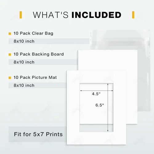 Miniatura 2 de Golden State Art, Paquete de 10 alfombrillas blancas de 8 x 10 pulgadas con núcleo blanco corte biselado para fotos de 5 x 7 + respaldo + bolsas