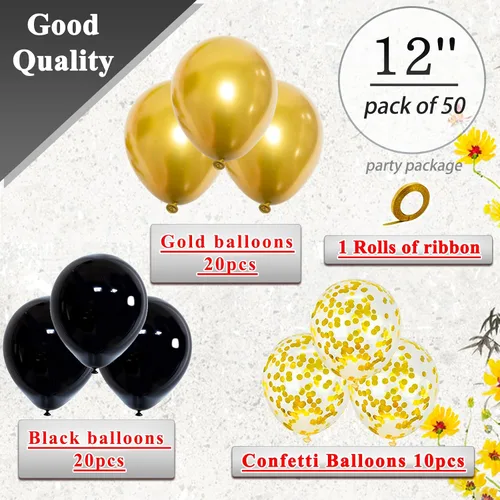 Miniatura 2 de Paquete de 50 globos de látex metálicos negros y dorados de 12 pulgadas con 1 rollo de cinta para decoración de cumpleaños, graduación, celebración