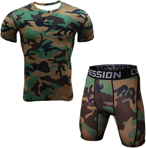 1Bests Mens Sports Fitness Camouflage Tight T-Shirt Set Short Sleeve T-Shirt + Shorts