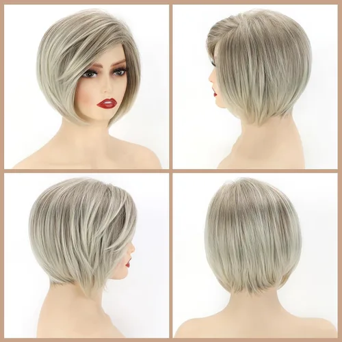 Miniatura 3 de TISHINING Pelucas rubias cortas en capas para mujeres blancas, longitud de la barbilla, color rubio ceniza, parte lateral, peluca Pixie Bob, cabello