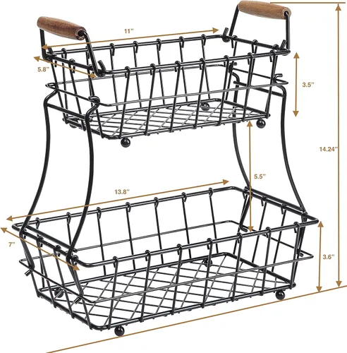 Miniatura 6 de SunnyPoint Cesta rectangular de alambre para pan de frutas de 2 niveles (negro, metal)