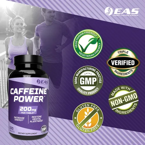 Miniatura 4 de EAS Caffeine Power 200mg Suplemento de píldoras de cafeína Aumenta la energía y restaura el estado de alerta mental Sin gluten, sin OMG, apto