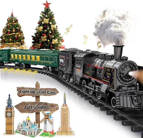 Miniatura 9 de Juego de tren para niños con control remoto, juguetes de tren con locomotora de vapor, tanque de combustible y pistas de lujo, trenes eléctricos