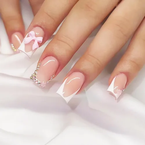 Miniatura 9 de Lindas uñas a presión de tamaño mediano - Uñas falsas cuadradas con punta francesa, uñas acrílicas rojas de cobertura completa brillantes