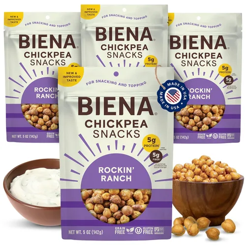 Miniatura 19 de BIENA Chickpea Snacks - Garbanzos tostados crujientes - Snacks ricos en fibra y proteína para adultos y niños - Paquete de 4, bolsas de 5 onzas
