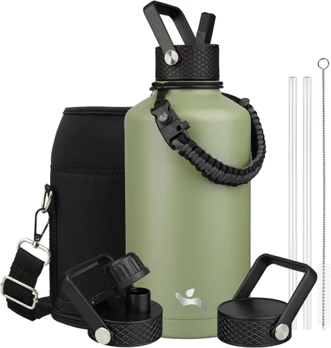 Miniatura 65 de Konokyo - Botella de agua aislada de 18 onzas, botellas deportivas de acero inoxidable con 3 tapas, verde militar