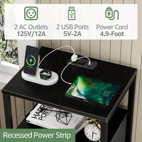 Miniatura 22 de BOLUO Mesita de noche blanca con estación de carga, mesa de noche LED con 2 cajones de tela, mesa auxiliar con puertos USB y tomas de corriente