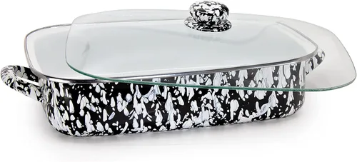 Miniatura 2 de Golden Rabbit Enamelware - Sartén para asar con tapa, 10.5 cuartos de galón, Black Swirl