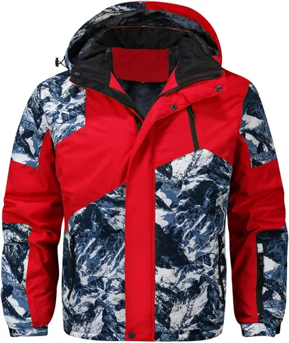 Miniatura 7 de FTIMILD Chaqueta de esquí impermeable para hombre de invierno, forro polar de alta visibilidad con capucha acolchada y diseño de patchwork