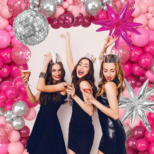 Miniatura 5 de Kit de arco de guirnalda de globos de princesa rosa y plateado, 143 unidades, confeti rosa intenso, estrella 4D, bola de discoteca, globos de corona