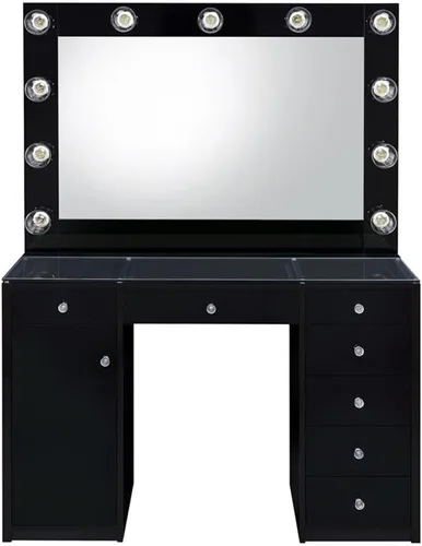 Miniatura 9 de MAKLAINE Juego de tocador de 7 cajones con espejo iluminado, parte superior de madera y vidrio, acabado negro de alto brillo, tocador contemporáneo