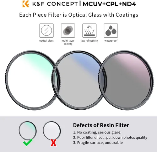 Miniatura 2 de K&F Concept Kit de filtro de lente UV/CPL/ND de 2.047 in (3 piezas) - 18 recubrimientos multicapa, filtro UV + filtro polarizador + filtro