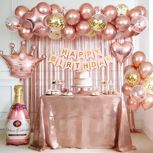Miniatura 4 de Decoraciones de cumpleaños para mujeres con pancarta de feliz cumpleaños, cortinas, botella, corona, globos de estrella de corazón, globos de oro
