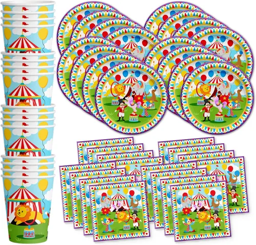 Birthday Galore Little Circus Carnival - Suministros para fiestas de cumpleaños con temática de circo, juego de vajilla de 16 unidades incluye