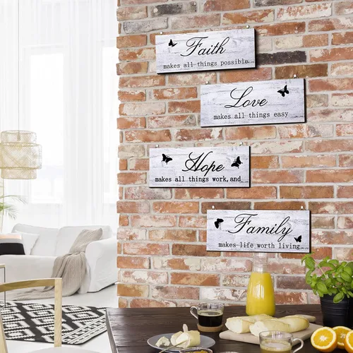 Miniatura 5 de Jetec 4 carteles de pared de madera con texto en inglés «Faith Love Hope», placas rústicas de granja blancas con citas inspiradoras, decoración
