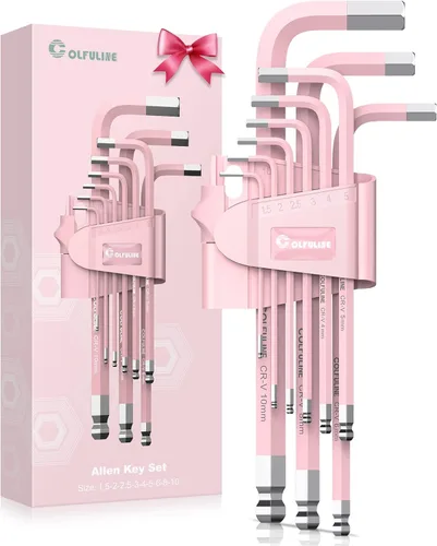 COLFULINE Juego de 9 llaves Allen rosas, juego de llaves hexagonales de extremo de bola largas, juego de llaves Allen Cr-V para mujeres, tamaño