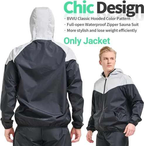 Miniatura 4 de BVVU Traje de sauna para hombre, con cremallera, con capucha, chaqueta de sauna, pantalones, gimnasio, entrenamiento, cuerpo completo