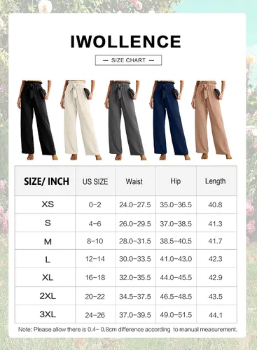 Miniatura 4 de IWOLLENCE - Pantalones de pierna ancha para mujer con bolsillos, cintura alta, nudo ajustable, holgados, casuales, para trabajo y negocios