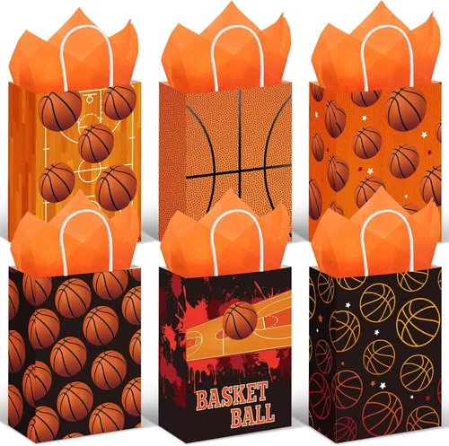 Aoriher 24 bolsas de regalos de fiesta de baloncesto con papel de seda, bolsas de dulces de baloncesto, bolsas de regalo de pelota deportiva,