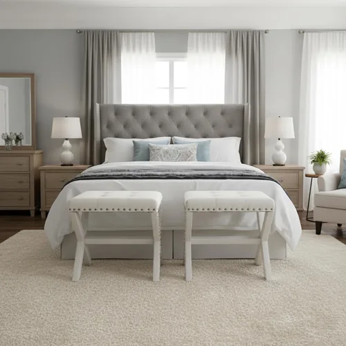 AC Pacific Modern Chic - Taburete tapizado con tela de lino suave, ribete de cabeza de clavo, asiento copetudo y marco de madera maciza, 17 pulgadas
