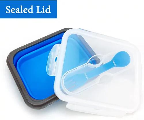 Miniatura 3 de Recipiente plegable de silicona pequeño para aperitivos con tapa y cuchara y tenedor 2 en 1, recipiente de silicona de grado alimenticio, para 08B01