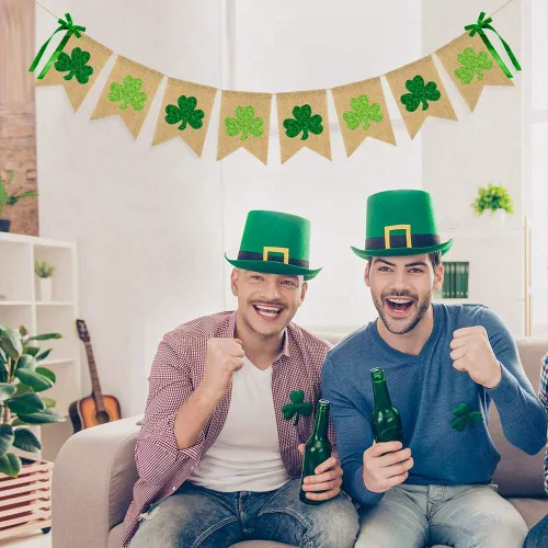 Miniatura 6 de CAVLA Cartel de arpillera de trébol con purpurina para el día de San Patricio, guirnalda de trébol verde con lazos, decoración de fiesta del día